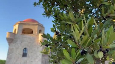 Yunanistan 'ın Rodos adasındaki Filerimos Manastırı' ndaki taş yapıya bir göz atmak. Manastırın etrafındaki selvi ağaçları parlak mavi bir gökyüzünün zeminine karşı dimdik duruyorlar..