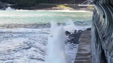 Okyanus dalgaları güçlü bir şekilde Madeira 'daki bir denize çarpar. Su, beton yapının üzerine yükselir. Denizin yoğun gücünü gösterir..