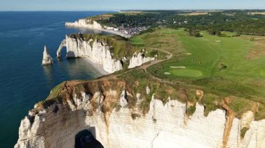 Observe stunning Etretat France coastline from above.