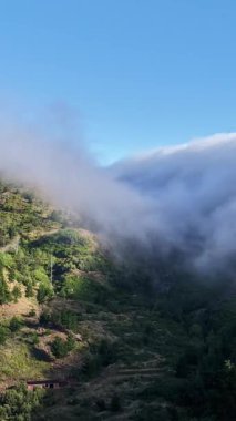Dinamik bulutlar Madeira 'nın canlı yeşil dağları üzerinde yuvarlanıyor. Güneş ışığı, adaların eşsiz gündüz güzelliğini gösteren yamaçları aydınlatır..