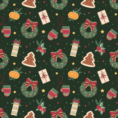 Yeşil arka planda şirin bir el çizimi kış tatili deseni tasarımı. Duvar kağıdı, kart, kumaş, ambalaj kağıdı, arkaplan, doku baskısı