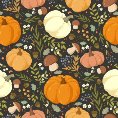 Balkabakları, mantarlar, çiçekler, meşe palamutları, böğürtlenler ve yapraklarla dikişsiz sonbahar deseni. Duvar kağıdı, kart, kumaş, ambalaj kağıdı, arkaplan, doku baskısı
