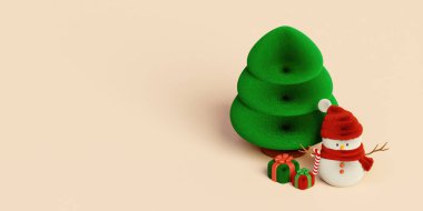 Bir kardan adam, Noel ağacı ve Noel tatilinin neşesini sembolize eden hediyeler sunan garip bir 3D görüntüsü..