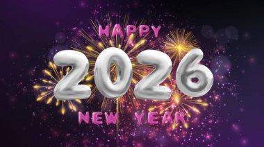 2026 yılını kutlayan renkli bir illüstrasyon canlı havai fişekler ve neşeli tipografi, festival davetiyeleri için mükemmel..