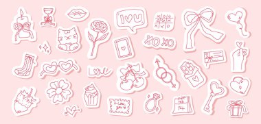 Kalp, çiçek ve aşk mektupları gibi romantik semboller içeren Sevgililer Günü etiketleri koleksiyonu. Şirin dijital tasarımlar için mükemmel.