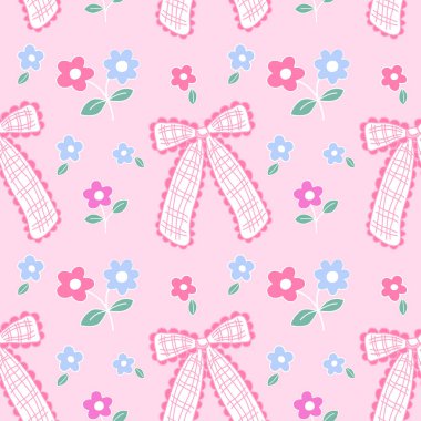 Sevimli coquette estetik desen dikişsiz pembe kurdele yayı pembe arka planda izole edilmiş.