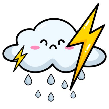 Karikatür gri bulut üzgün bir yüz yıldırımı ve beyaz arka planda izole yağmur damlaları