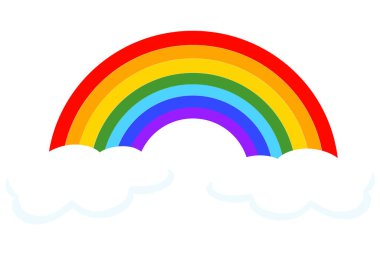 Basit renkli gökkuşağı vektör çizimi. Işık arkaplanda iki beyaz bulutlu gökkuşağı.