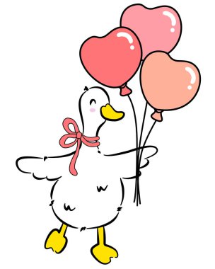 Sevimli karikatür. Kaz elinde kalp balonu. Romantik bir sevgililer günü aşk kartı tasarımı için.