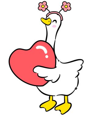 Kocaman, tapılası bir kalbi tutan sevimli bir kazın çizimi..