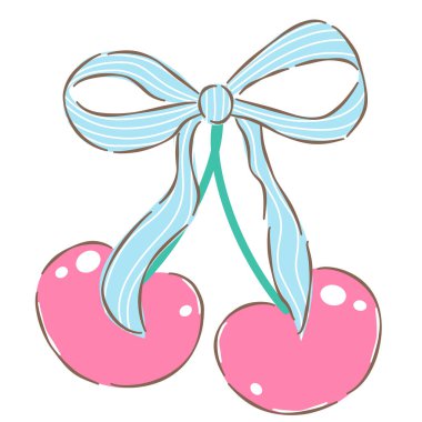 Kiraz ve yay rengi vektör, el çizimi pembe kiraz seti.