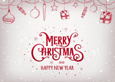 Mutlu Noeller ve aydınlık arkaplanlı el yapımı dekorasyon, sim, bokeh ve kar taneleriyle mutlu yıllar mesajı. Noel tatili kartı. Vektör İllüstrasyonu