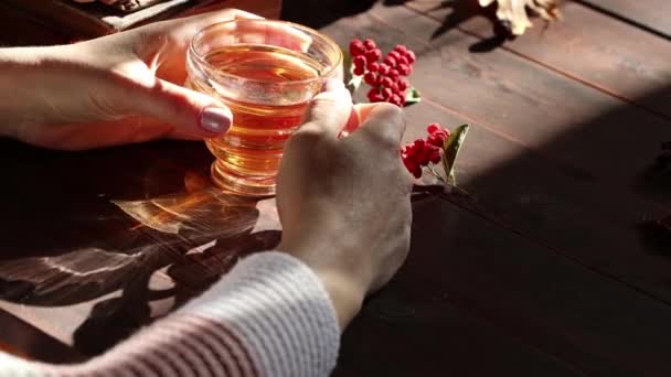 Kobieta Pije Gorącą Herbatę Przezroczystej Filiżance Parującej Drewnianym Stole Słoneczny — Wideo stockowe