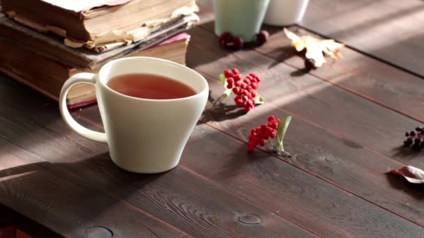 Weiße Tasse Tee Dampft Auf Dem Holztisch Alte Bücher Blätter — Stockvideo