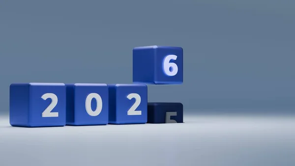 Mavi 3D Küpler 2026 'yı gösteriyor. Yükseltilmiş Yuvarlanan Sayılar ve Kopyalama Uzayı 20252026 Shift