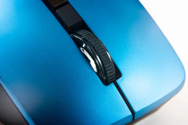 Blue Wireless Computer Mouse Scroll Wheel Macro Closeup On White Background, Modern Technology Hardware Ergonomics Navigation