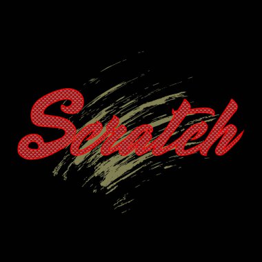 Creative typography design featuring the word Scratch in bold red script with a dotted texture and dynamic grunge brush stroke background. Perfect for t-shirt prints, posters, stickers, or digital artwork emphasizing edgy and modern style.