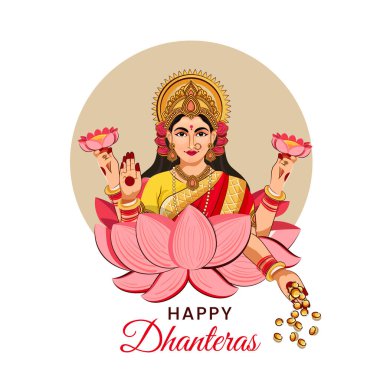 Tanrıça Lakshmi 'nin Mutlu Dhanteras illüstrasyonları bozuk para saçıyor. Tebrik Şablonu arkaplanı.
