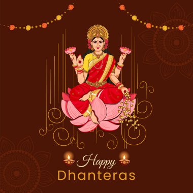 Tanrıça Lakshmi 'nin Hint festivali Dhanteras' a altın para saçması. Tebrik kartı arkaplanı.