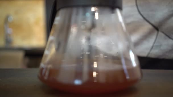 Kaffe bryggt i en Chemex, glas Häll över nymalen — Stockvideo
