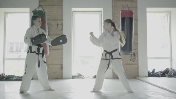 Slowmotion två Taekwondo flickor tåg för en Kick på boxning tass — Stockvideo