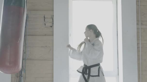 Trains de fille de taekwondo avec le sac de poinçon dans le gymnase — Video