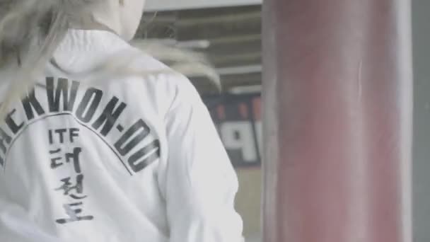 Trains de fille de taekwondo avec le sac de poinçon dans le gymnase — Video