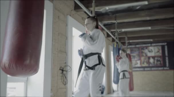 Dos Taekwondo niñas tren para una patada en saco de boxeo — Vídeo de stock