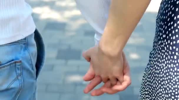 Closeup Backside View Young Couple Love Walk Park Joining Hands — Wideo stockowe