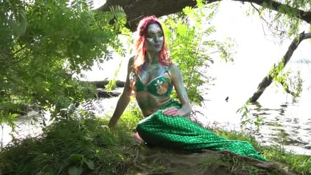 Mermaid Sits Shore Water Slow Motion — Stockvideo