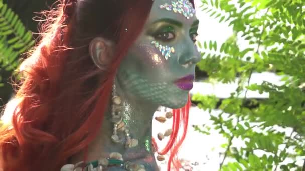 Mermaid Red Hair Water Trees Slow Motion — Stockvideo