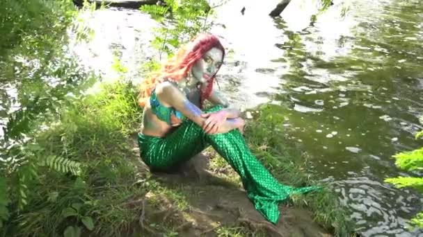 Mermaid Sits Shore Water Slow Motion — Stock video