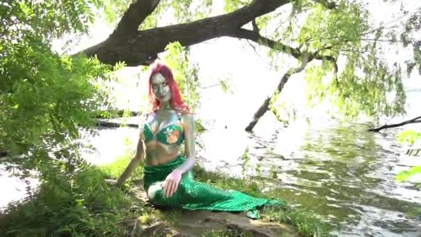 Mermaid Sits Shore Water Slow Motion — Stockvideo