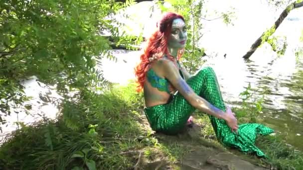 Mermaid Sits Shore Water Slow Motion — Stockvideo