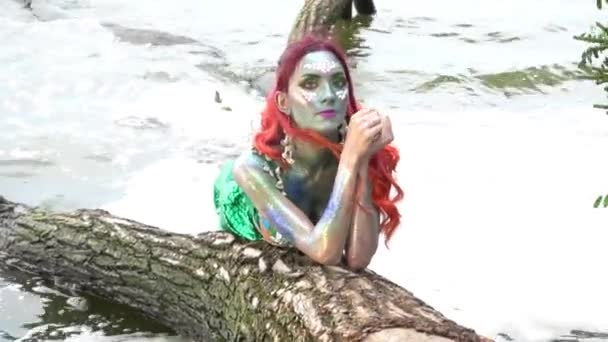 Mermaid Lies Tree Water — Stock videók