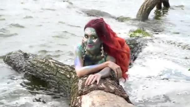 Mermaid Lies Tree Water — Stockvideo