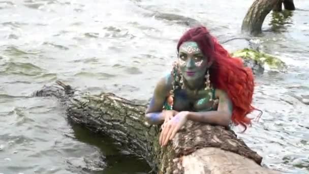 Mermaid Lies Tree Water Slow Motion — Stockvideo