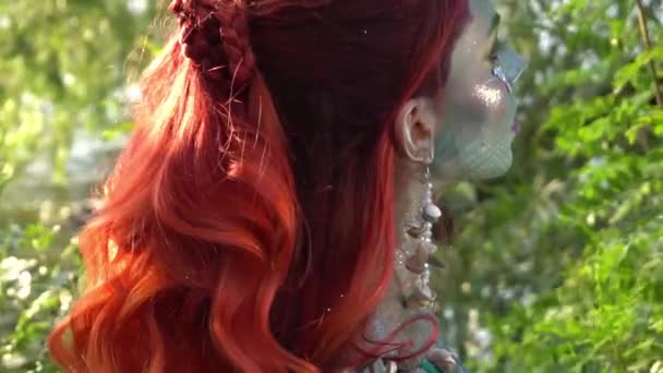 Mermaid Red Hair Water Trees Slow Motion — Stock video