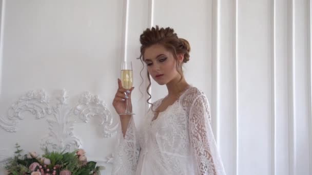 Slow Motion Portrait Beautiful Young Elegant Bride Woman Glass — Stock Video