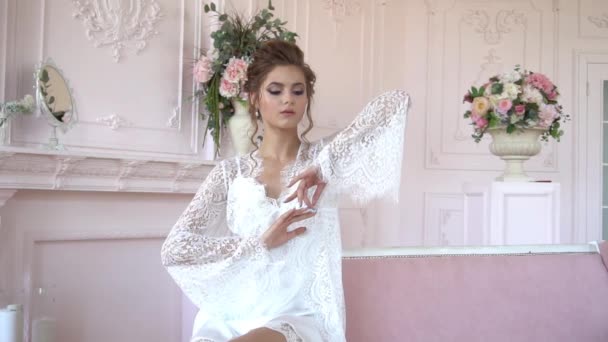 Slow Motion Slow Motion Sexy Girl Bride Lingerie Posant Studio — Video