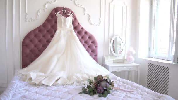 Slow Motion White Wedding Dress Shoes Bed — Stock Video