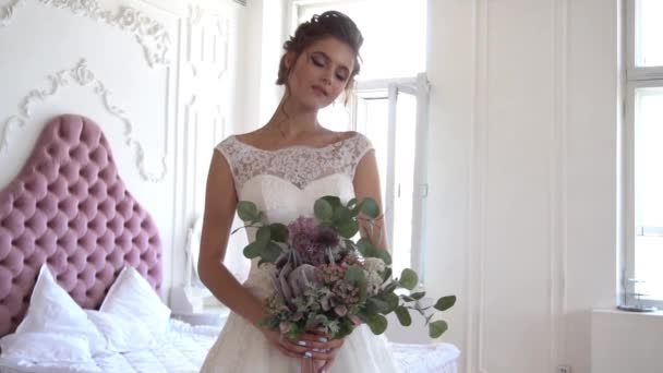 Beautiful Smiling Bride Woman Long Stylish Hair Posing Wedding Dress — Stok Video