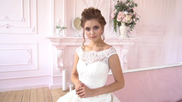 Blonde Bride Fashion White Wedding Dress Makeup — Stock Video
