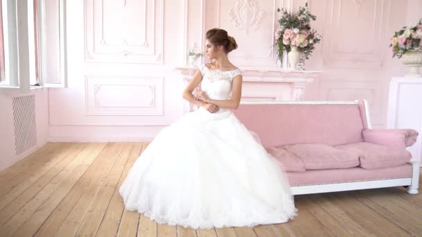 Woman Wedding Dress Room Slow Motion — Stock Video