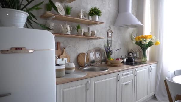 Modern White Wooden Beige Kitchen Interior — Stockvideo