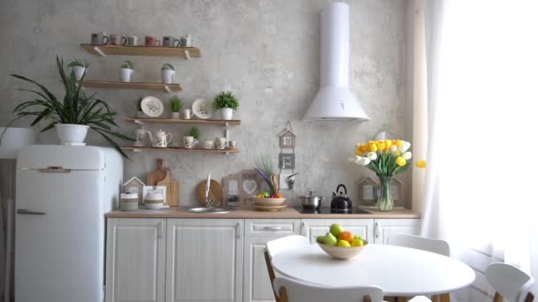 Modern White Wooden Beige Kitchen Interior — Stock Video