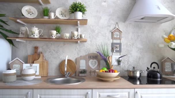 Moderno Interno Cucina Bianca Beige Legno — Video Stock