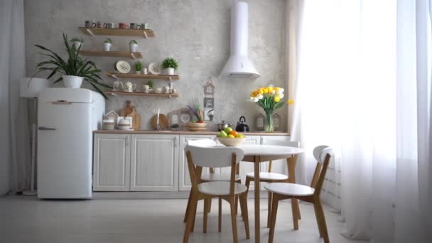 Interior Moderno Cocina Color Beige Blanco Madera — Vídeos de Stock
