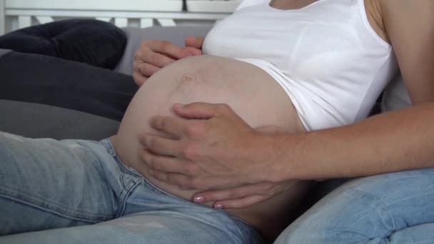 Movimento Lento Casal Grávida Acariciando Barriga Grávida Mãe Pai Mãos — Vídeo de Stock