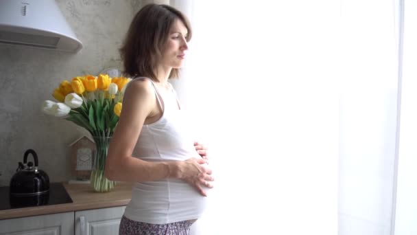 Mooie Zwangere Vrouw Permanent Buurt Van Venster Ochtend — Stockvideo